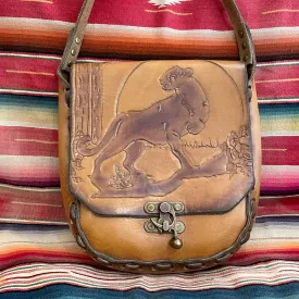 SOLD Vintage Hand Tooled Leather Shoulder Bag, Leopard/Wild Cat