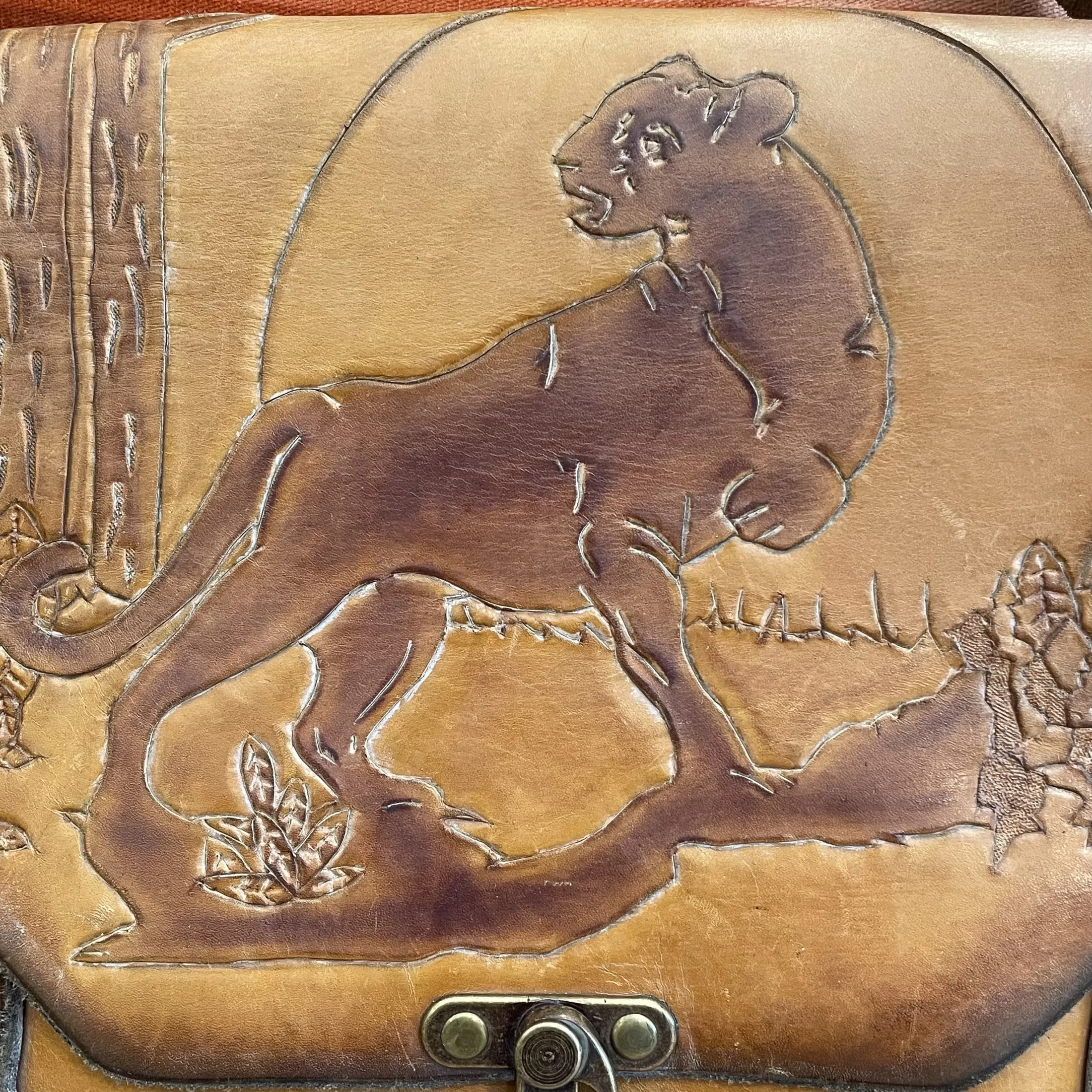 SOLD Vintage Hand Tooled Leather Shoulder Bag, Leopard/Wild Cat