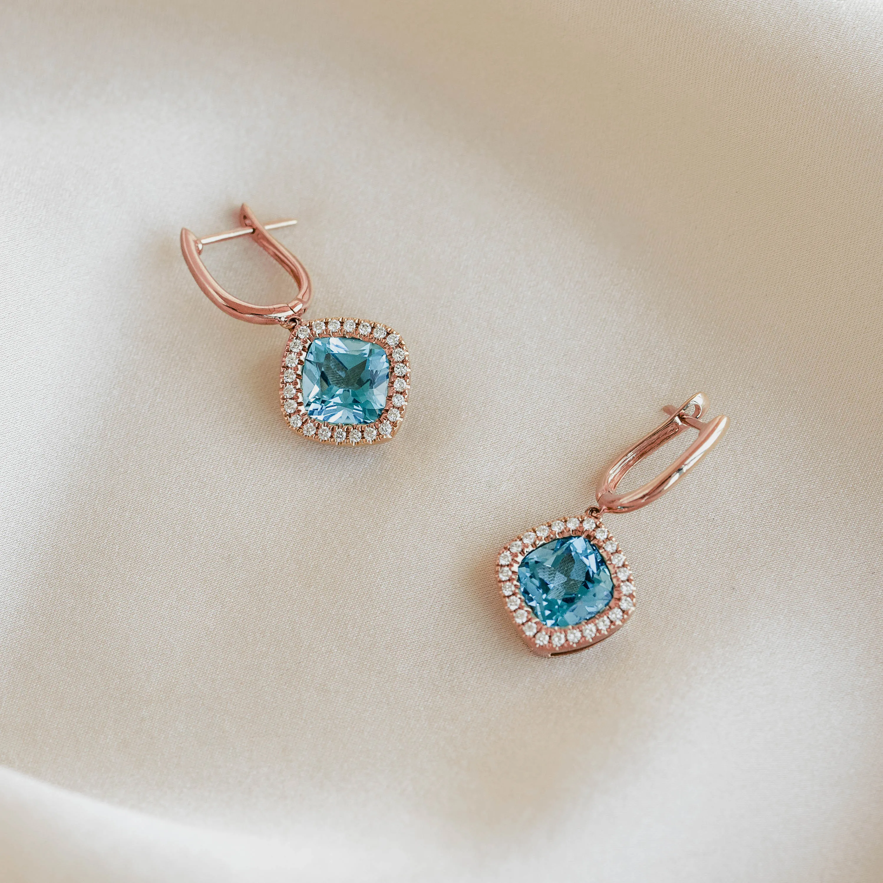 Swiss Blue Topaz and Diamond Halo Drop Earrings Rose Gold - Elvira