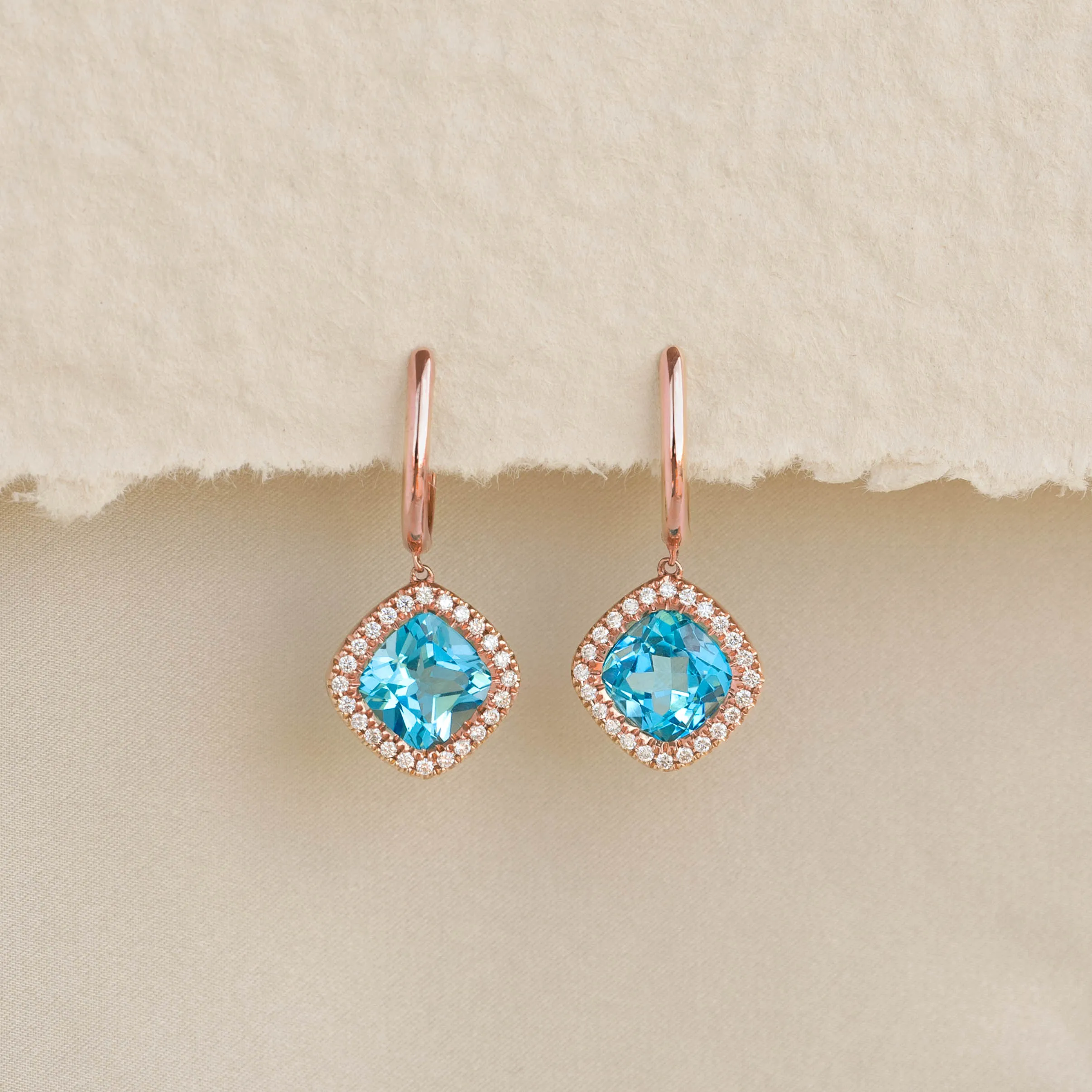 Swiss Blue Topaz and Diamond Halo Drop Earrings Rose Gold - Elvira