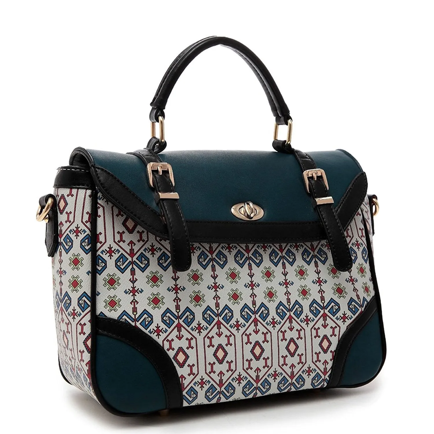 Tribal Print Accented Flap Over Closure Satchel Crossbody Handbag Purse