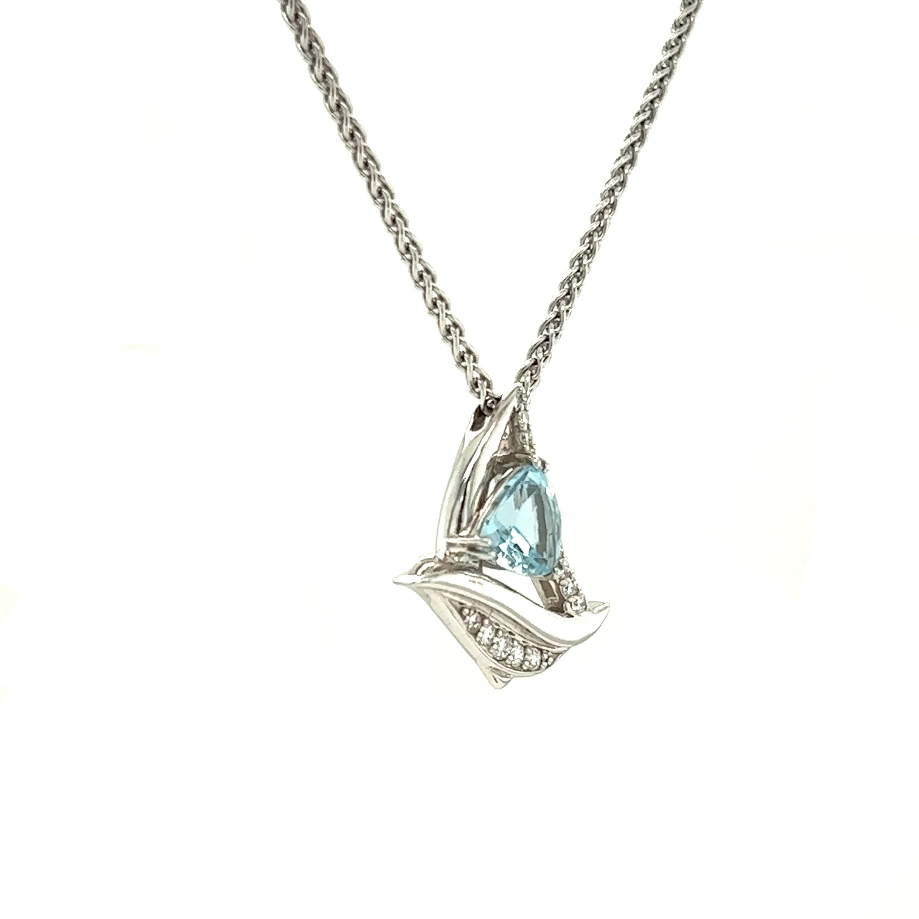 Trillion Aquamarine Sailboat Necklace with Seventeen Accent Diamonds in 14K White Gold