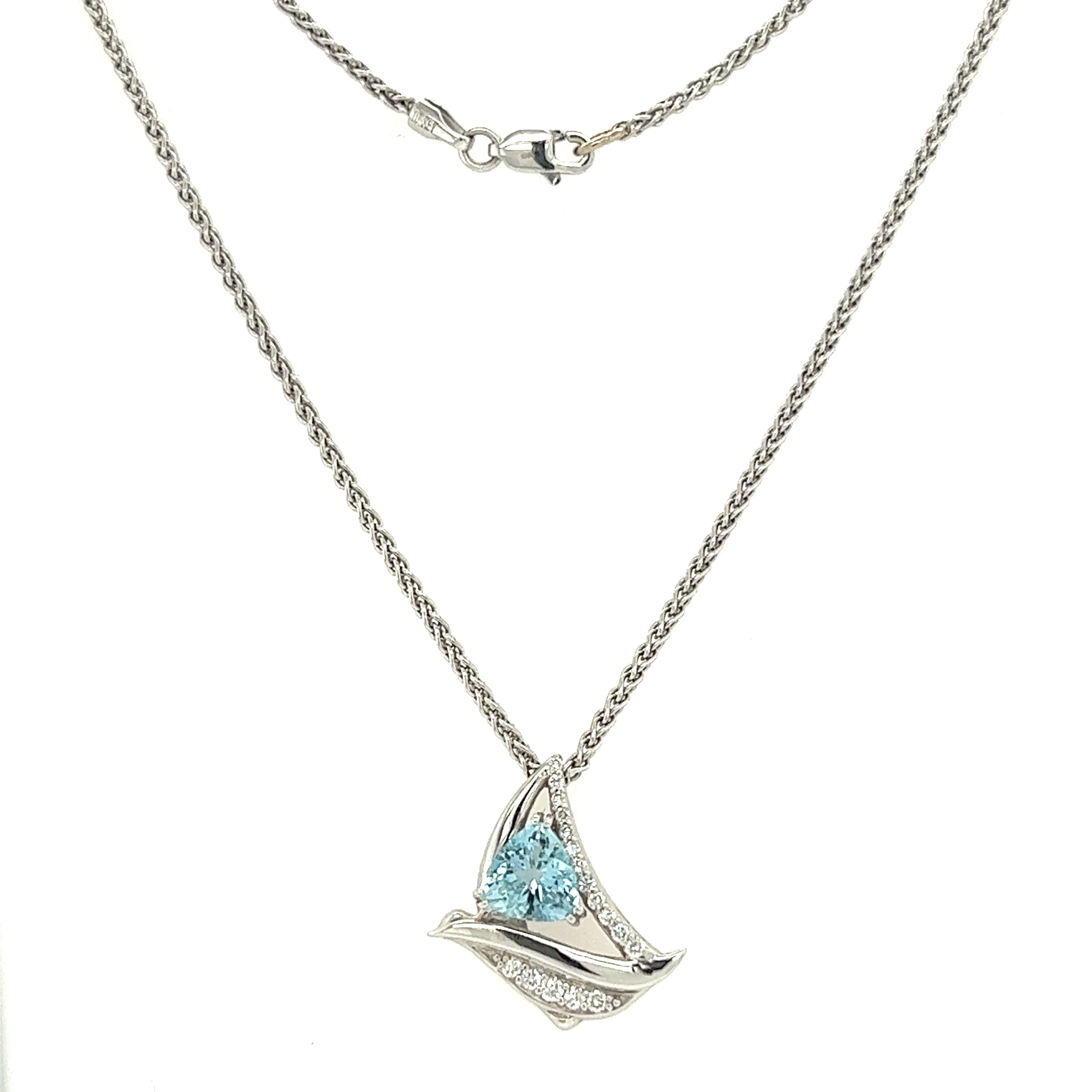 Trillion Aquamarine Sailboat Necklace with Seventeen Accent Diamonds in 14K White Gold