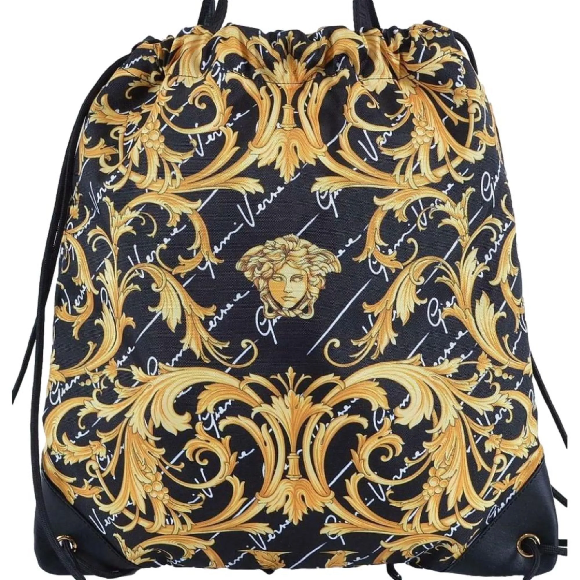 Versace Black Nylon Barocco Signature Print Drawstring Backpack