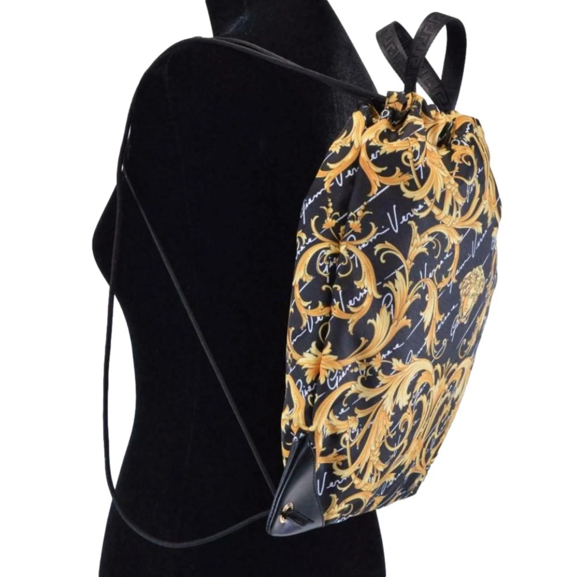 Versace Black Nylon Barocco Signature Print Drawstring Backpack