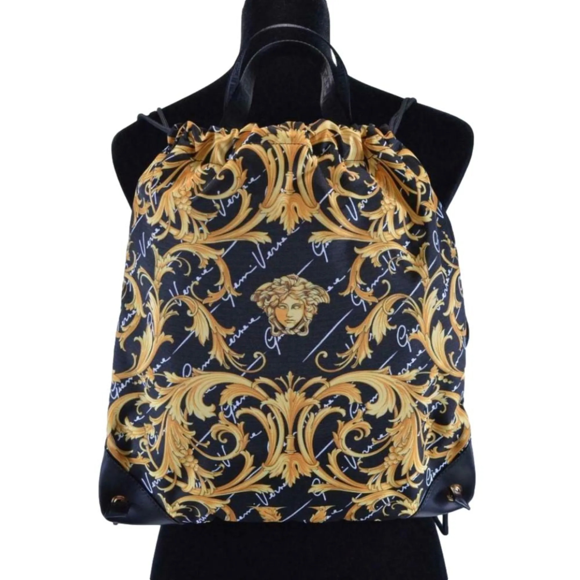 Versace Black Nylon Barocco Signature Print Drawstring Backpack