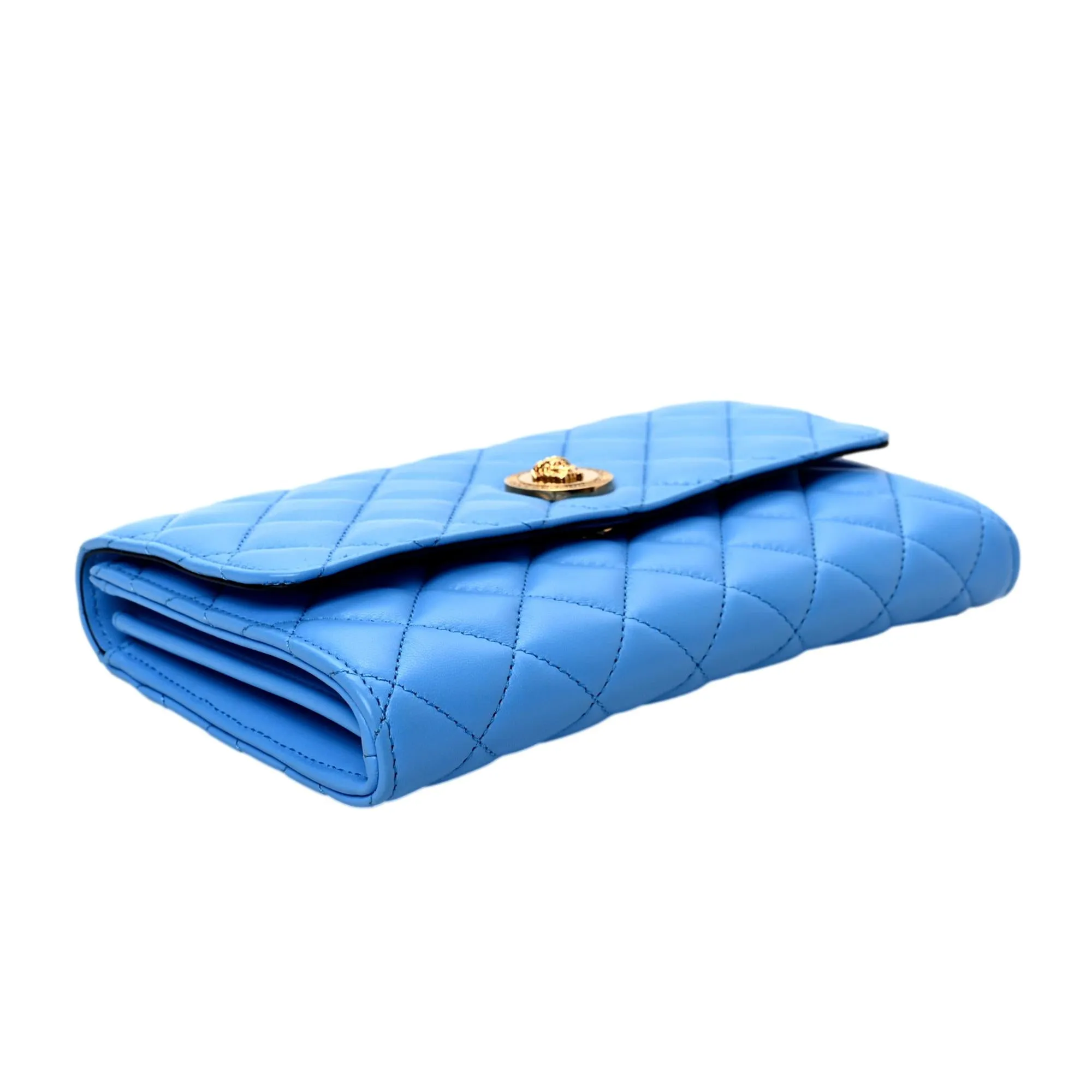 Versace La Medusa Blue Quilted Lamb Leather Crossbody Clutch Bag