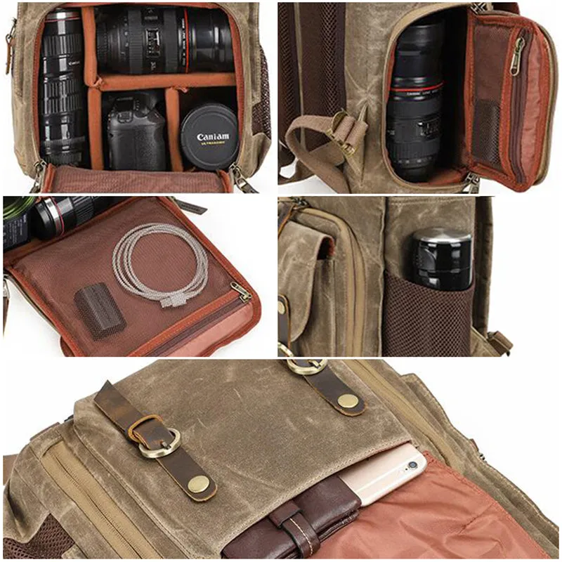 Waxed Canvas Camera Backpack Vintage DSLR Camera Backpack Travel Backpack