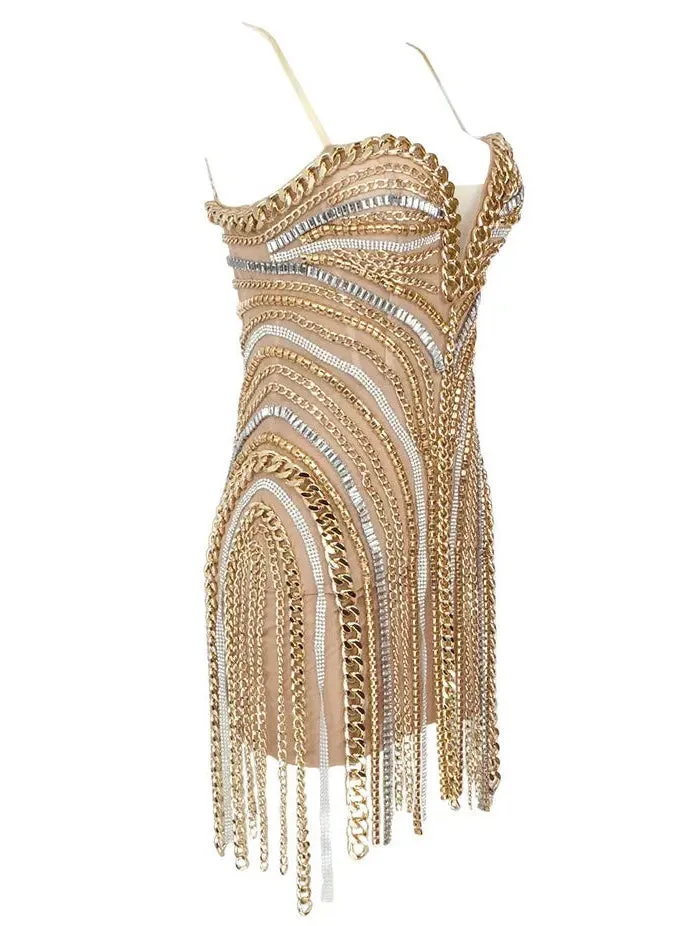 Women’s Chain and Crystal-Embellished Mesh Mini Dress