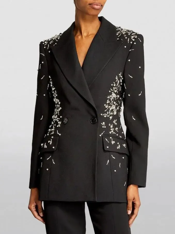 Women’s Crystal and Sequin-Embellished Double-Breasted Black Blazer