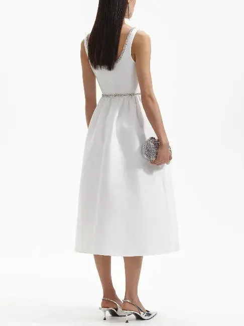 Women’s Crystal-Embellished Bow-Detail White Midi Dress