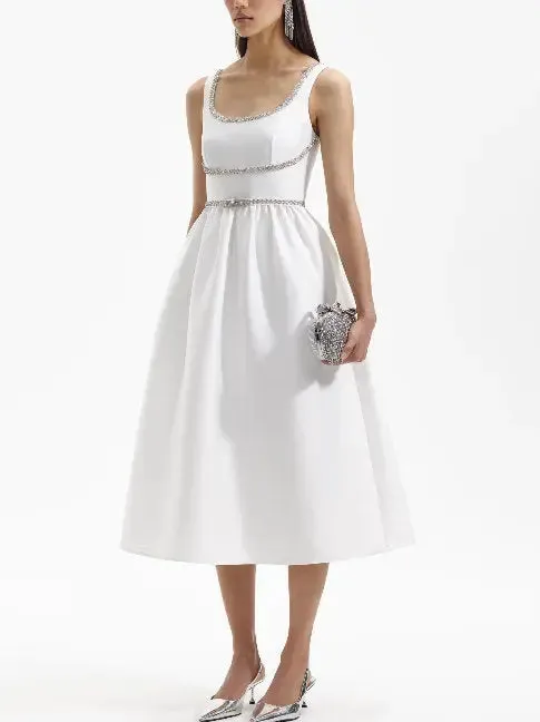 Women’s Crystal-Embellished Bow-Detail White Midi Dress