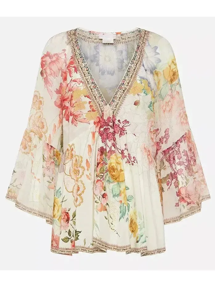 Women’s Crystal-Embellished V-Neck Floral Print Silk Frill Blouse