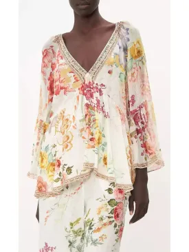 Women’s Crystal-Embellished V-Neck Floral Print Silk Frill Blouse