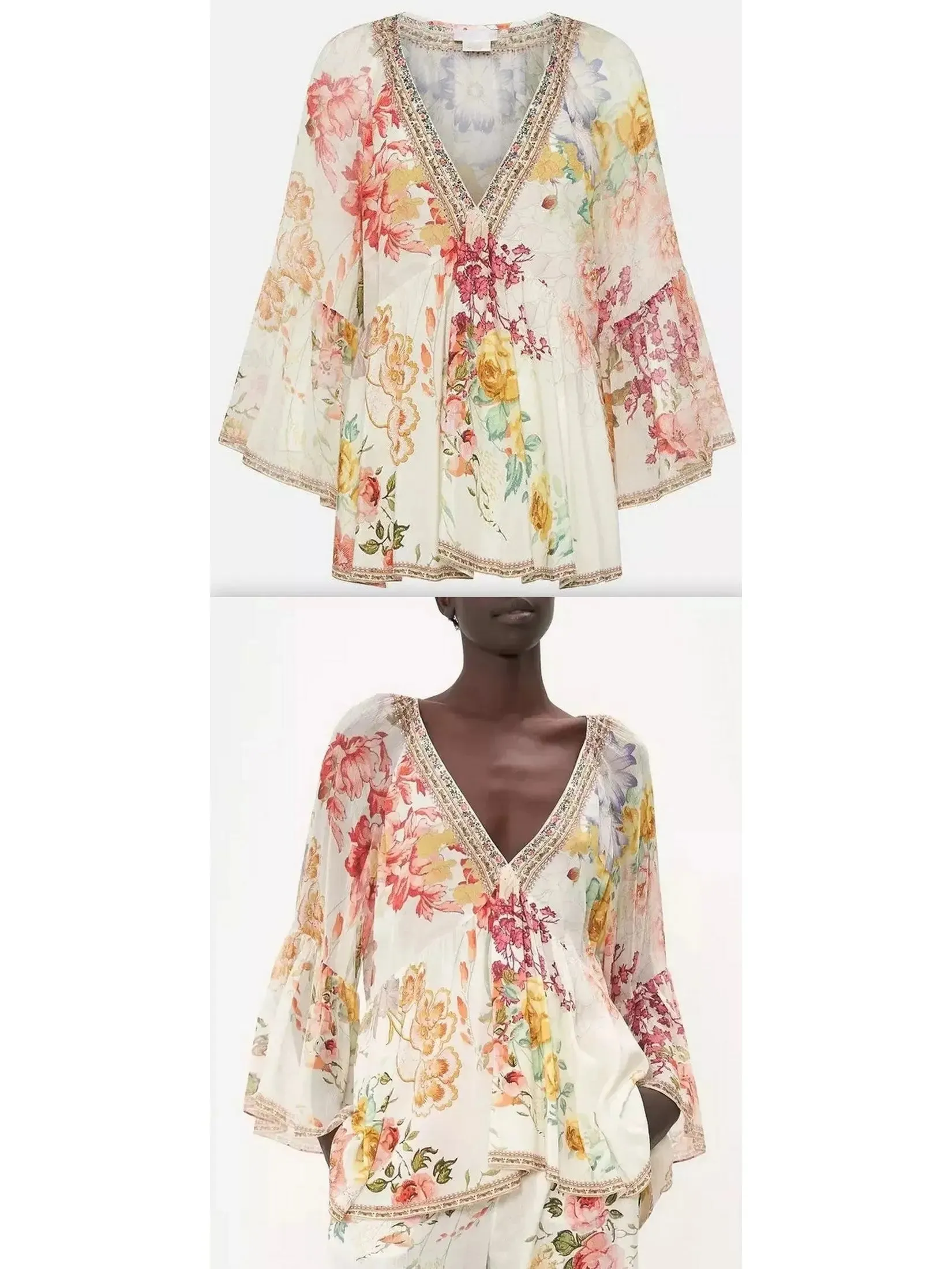 Women’s Crystal-Embellished V-Neck Floral Print Silk Frill Blouse