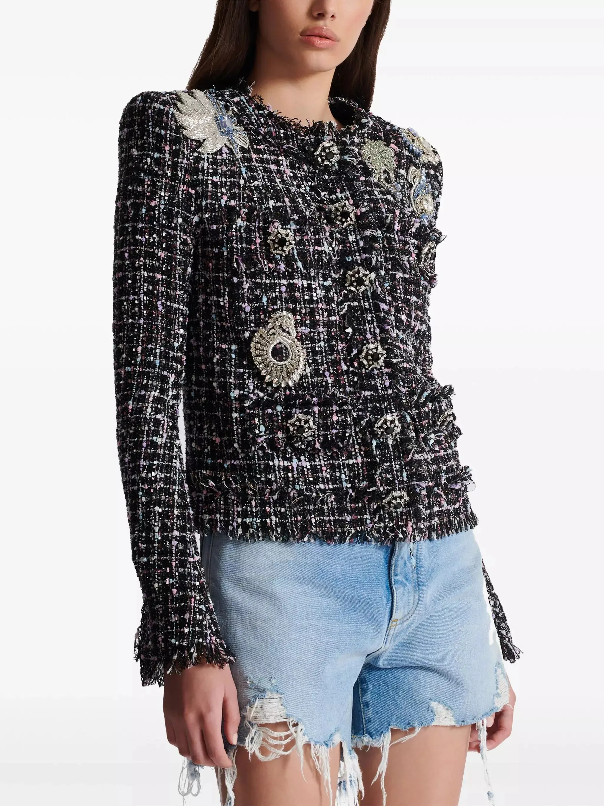 Women’s Crystal Patch Embellished Tweed Collarless Jacket