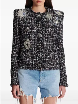 Women’s Crystal Patch Embellished Tweed Collarless Jacket