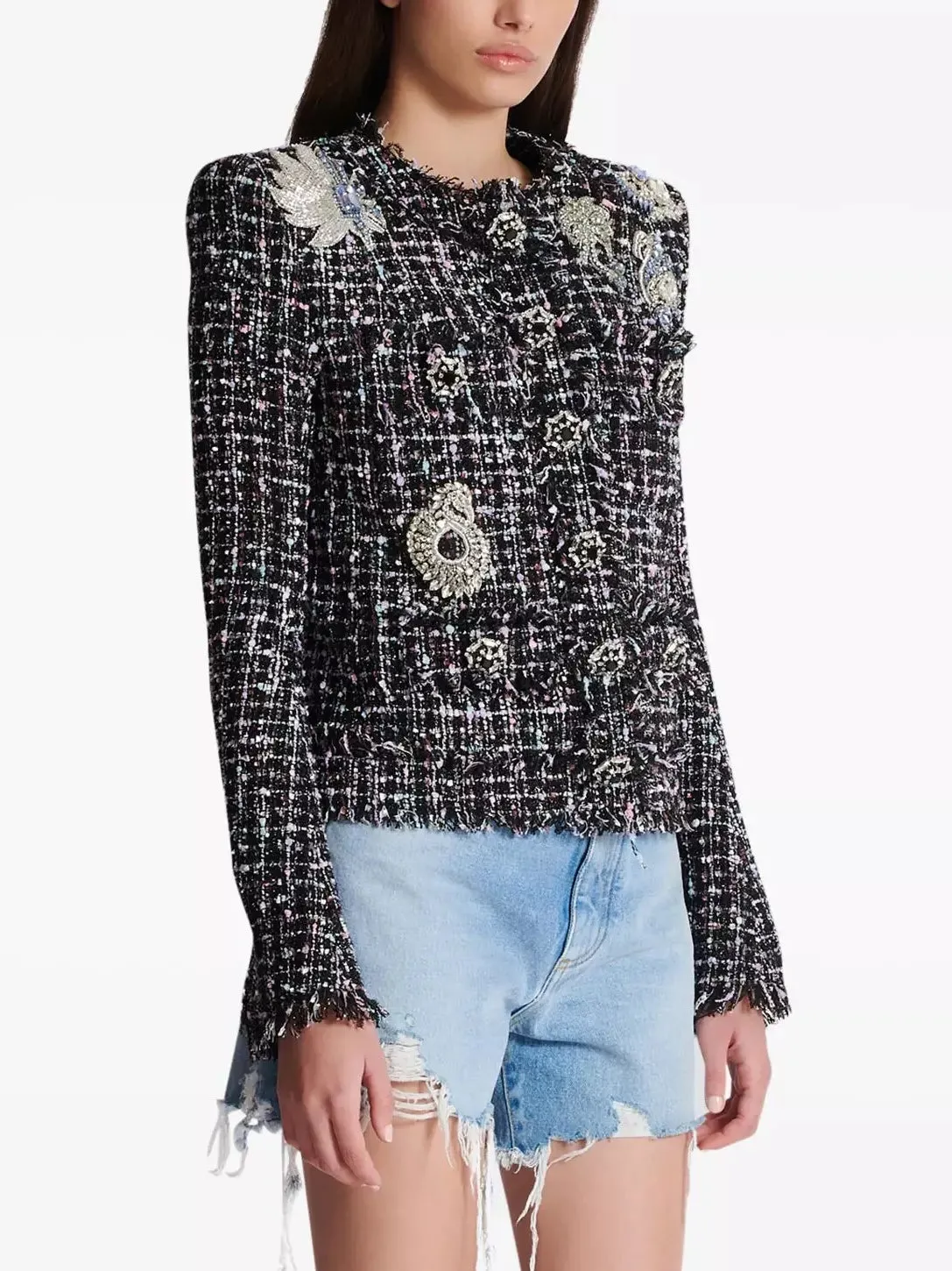 Women’s Crystal Patch Embellished Tweed Collarless Jacket