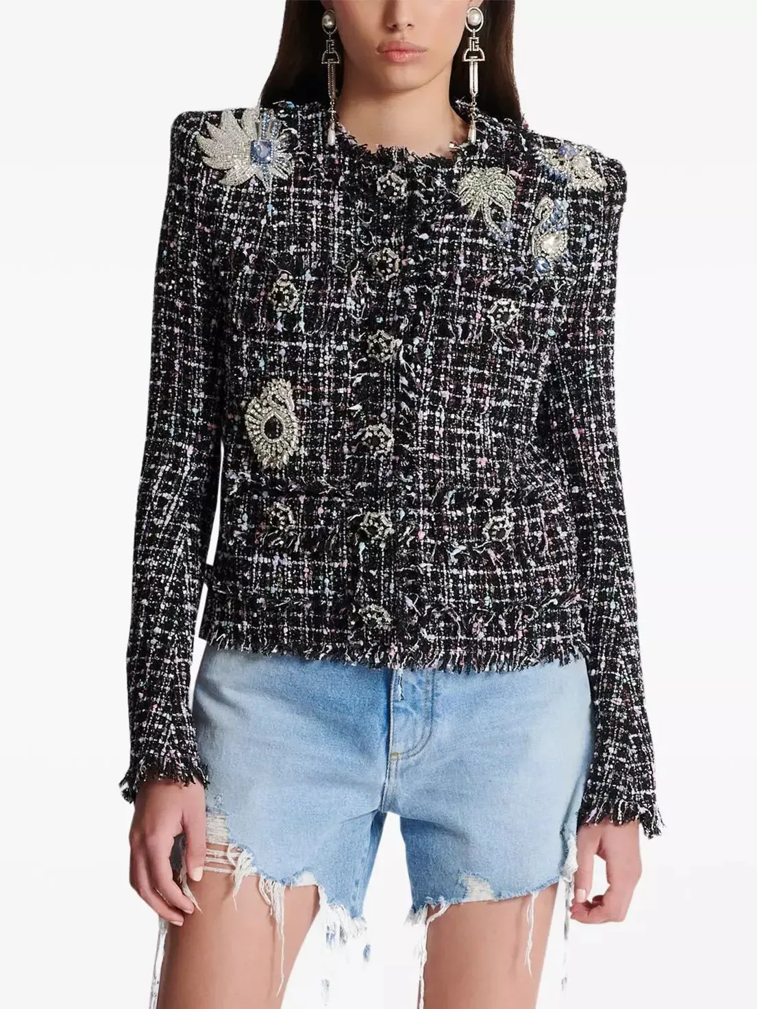 Women’s Crystal Patch Embellished Tweed Collarless Jacket