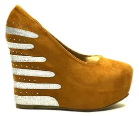 Yellow Faux Suede Striped Rhinestone Platform Wedge